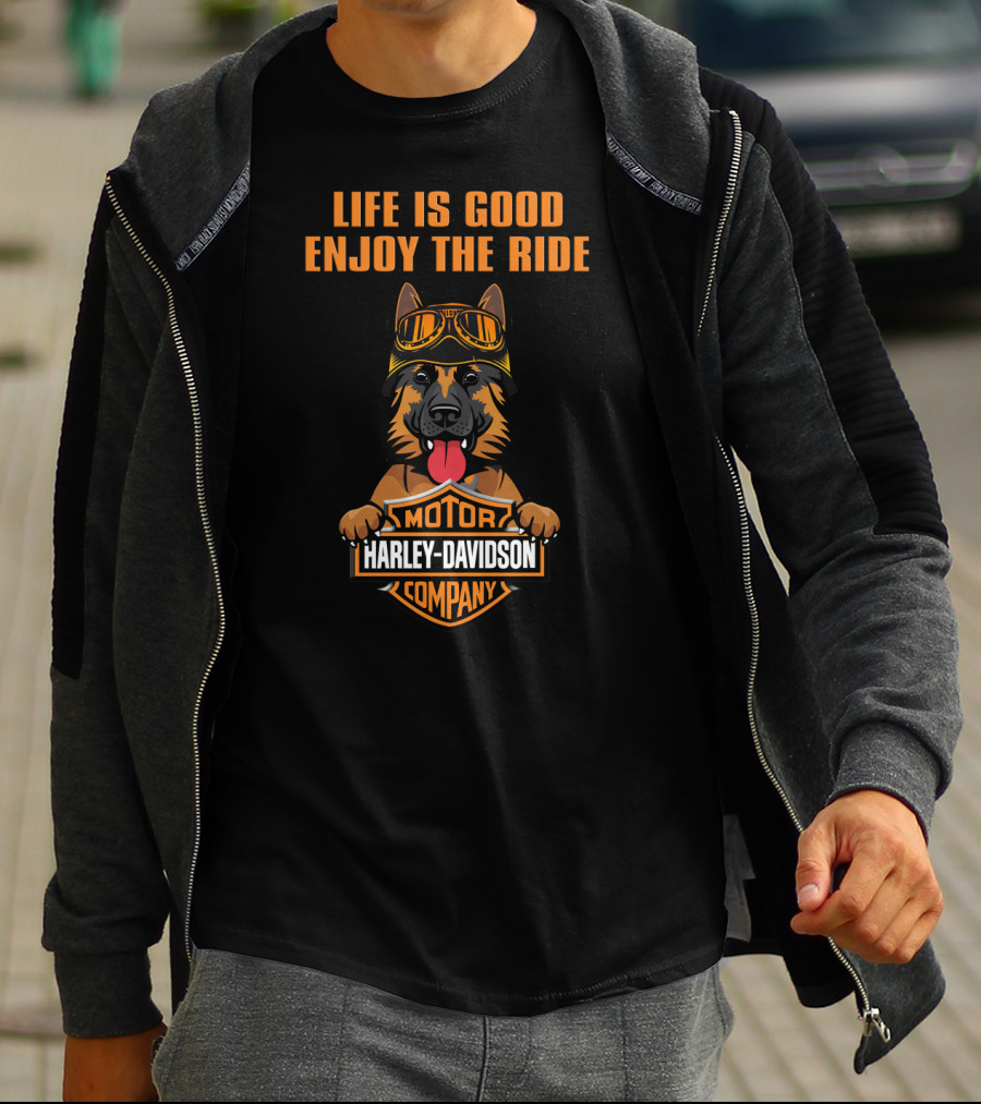 Life Is Good Enjoy The Ride Harley Davidson German Shepherd T-Shirt