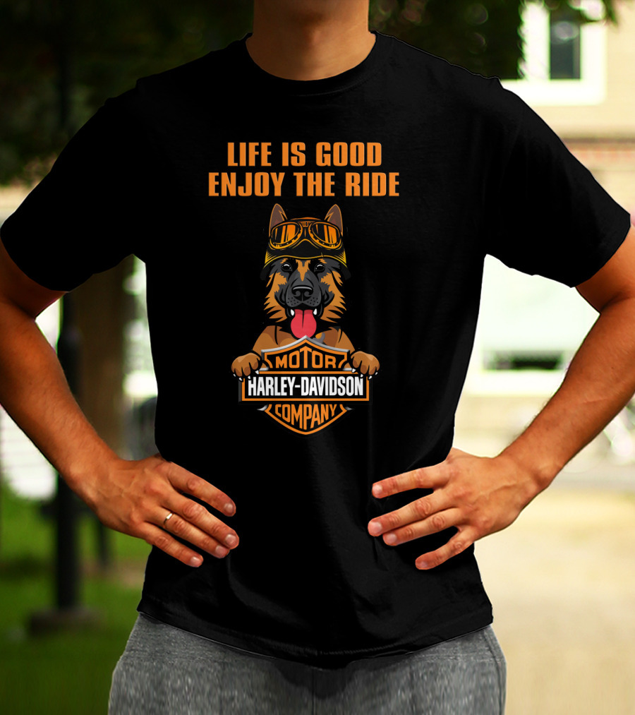 Life Is Good Enjoy The Ride Harley Davidson German Shepherd T-Shirt