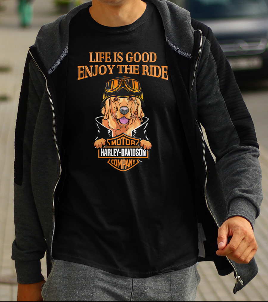 Life Is Good Enjoy The Ride Harley Davidson Golden Retriever Moto Style T-Shirt