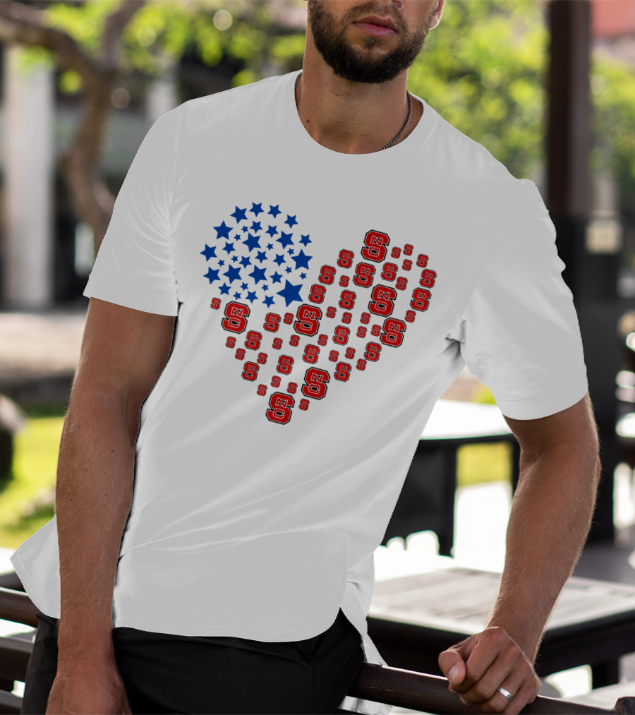 Nc State Heart Flag Blue Stars Red Logos T-Shirt