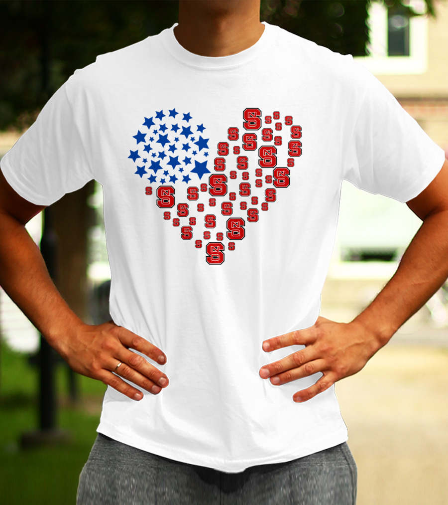 Nc State Heart Flag Blue Stars Red Logos T-Shirt