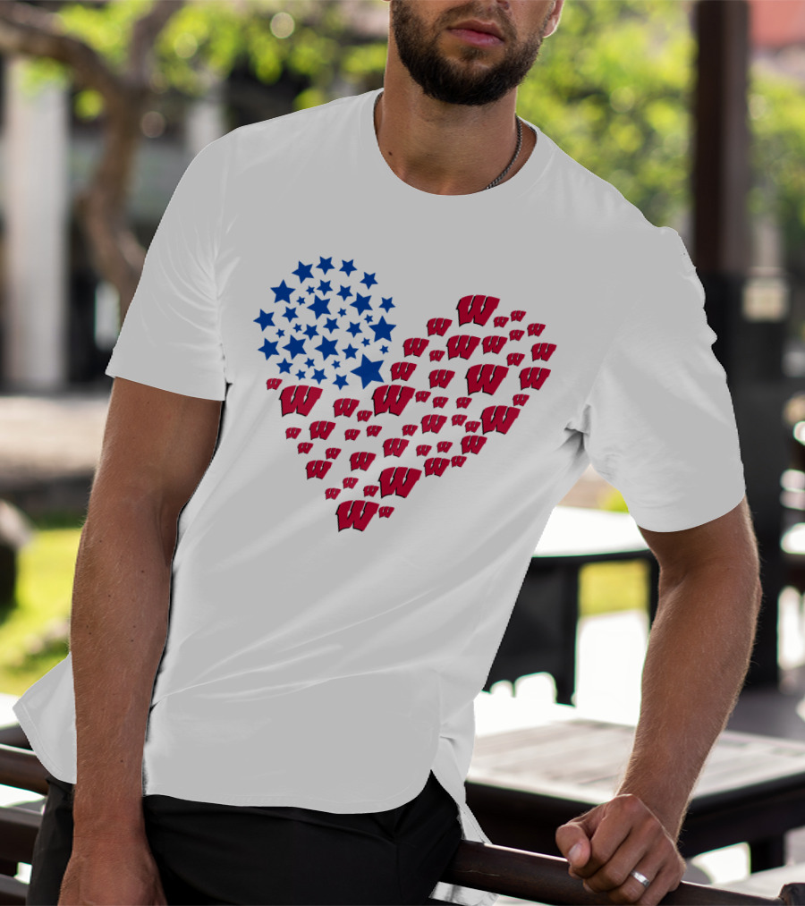 Wisconsin Badgers Heart Blue Stars Red W T-Shirt