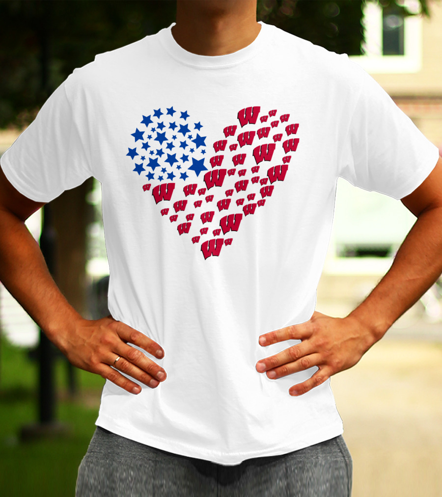 Wisconsin Badgers Heart Blue Stars Red W T-Shirt