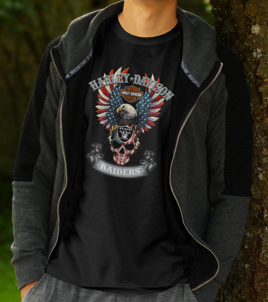Harley Davidson Motor Cycles Raiders Eagle Skull American Flag T-Shirt