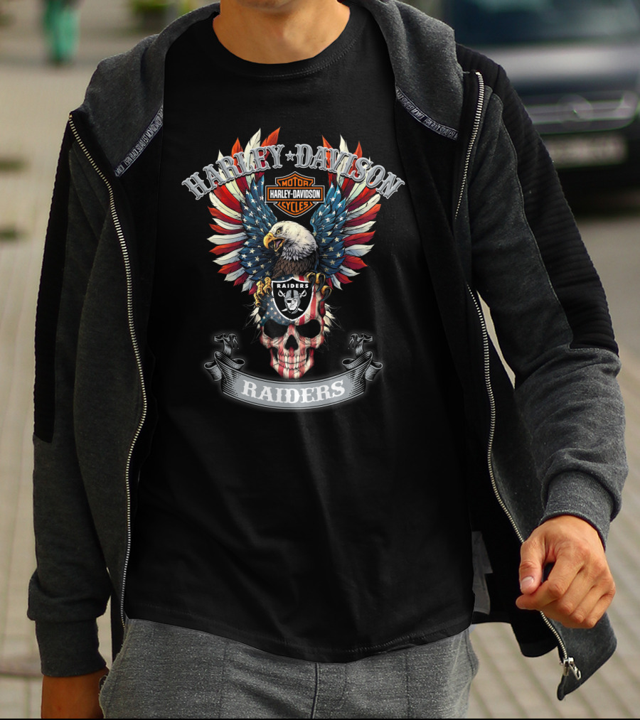 Harley Davidson Motor Cycles Raiders Eagle Skull American Flag T-Shirt