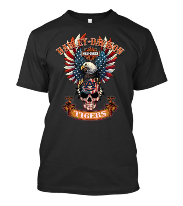 Harley Davidson Motor Cycles Auburn Tigers Bald Eagle Skull Usa Flag T-Shirt