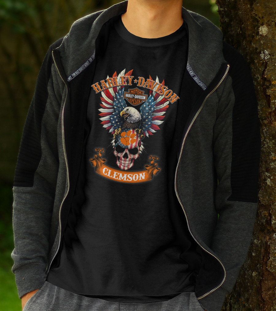 Harley Davidson Motor Cycles Eagle Skull Clemson T-Shirt