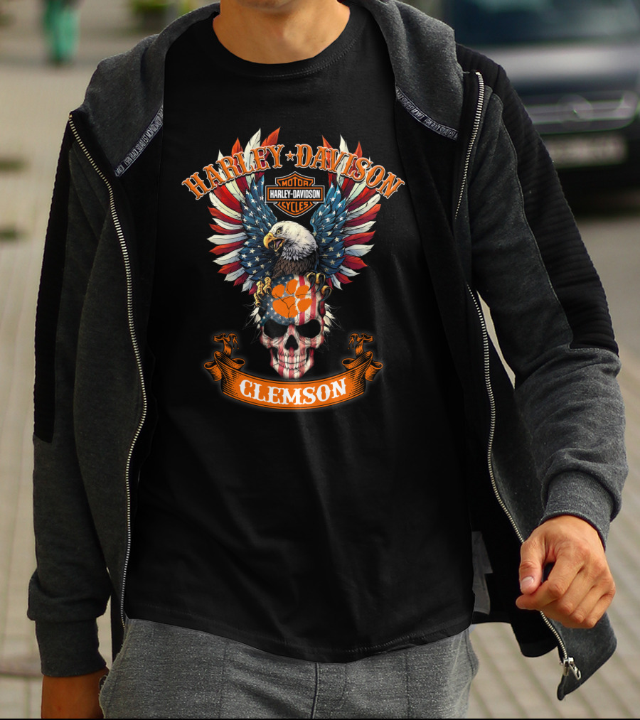 Harley Davidson Motor Cycles Eagle Skull Clemson T-Shirt