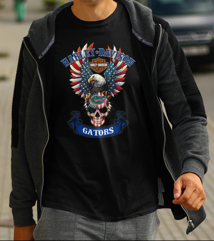 Harley Davidson Motor Cycles Gators Bald Eagle American Flag Skull T-Shirt