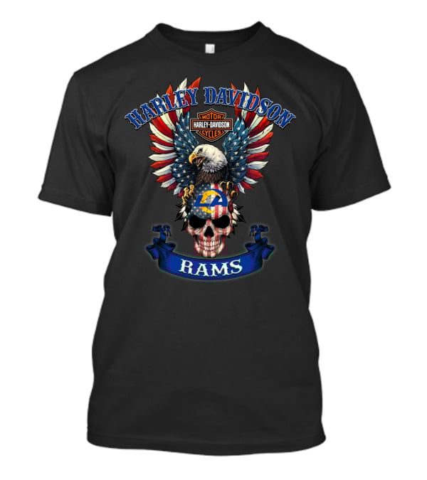 Harley Davidson Motor Cycles Rams La Eagle Skull American Flag T-Shirt
