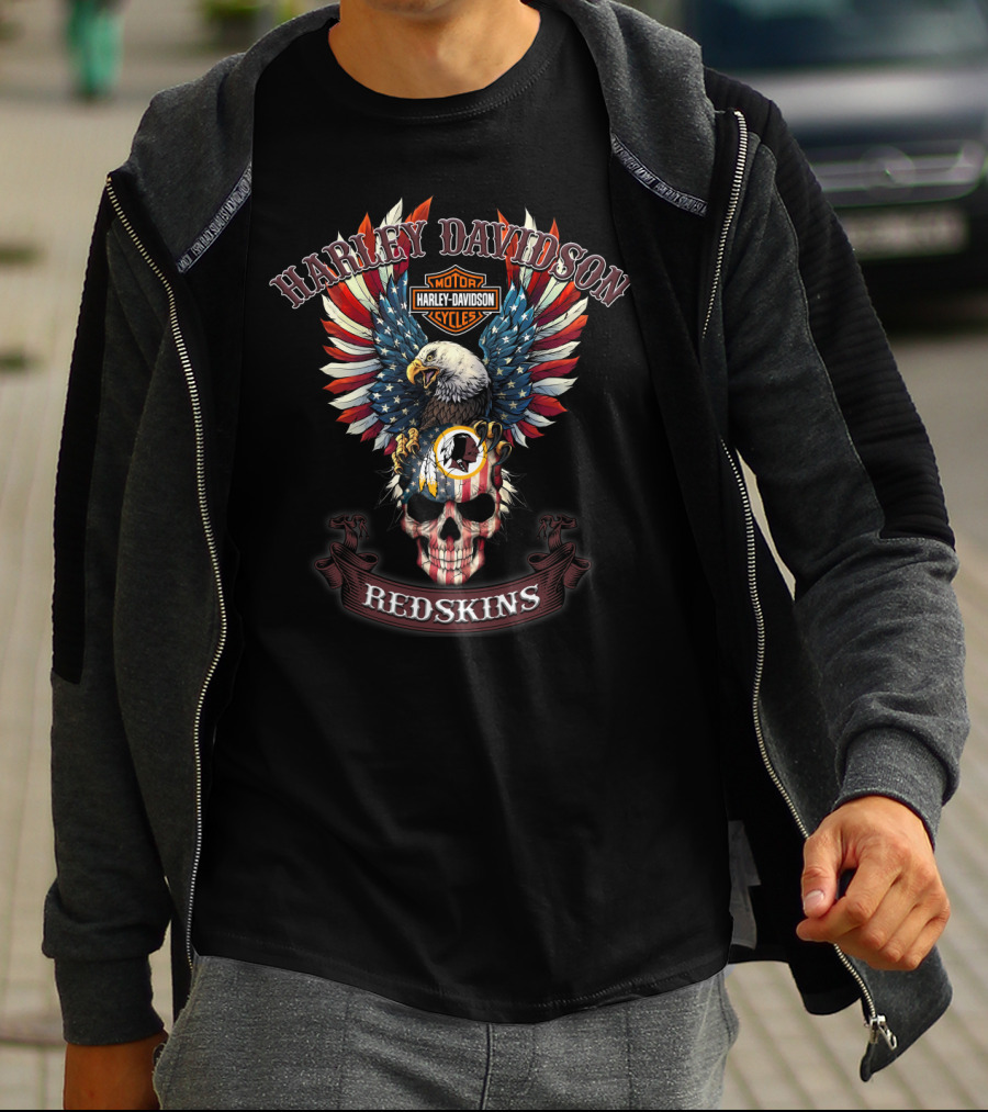 Harley Davidson Motor Cycles Redskins Eagle Skull T-Shirt