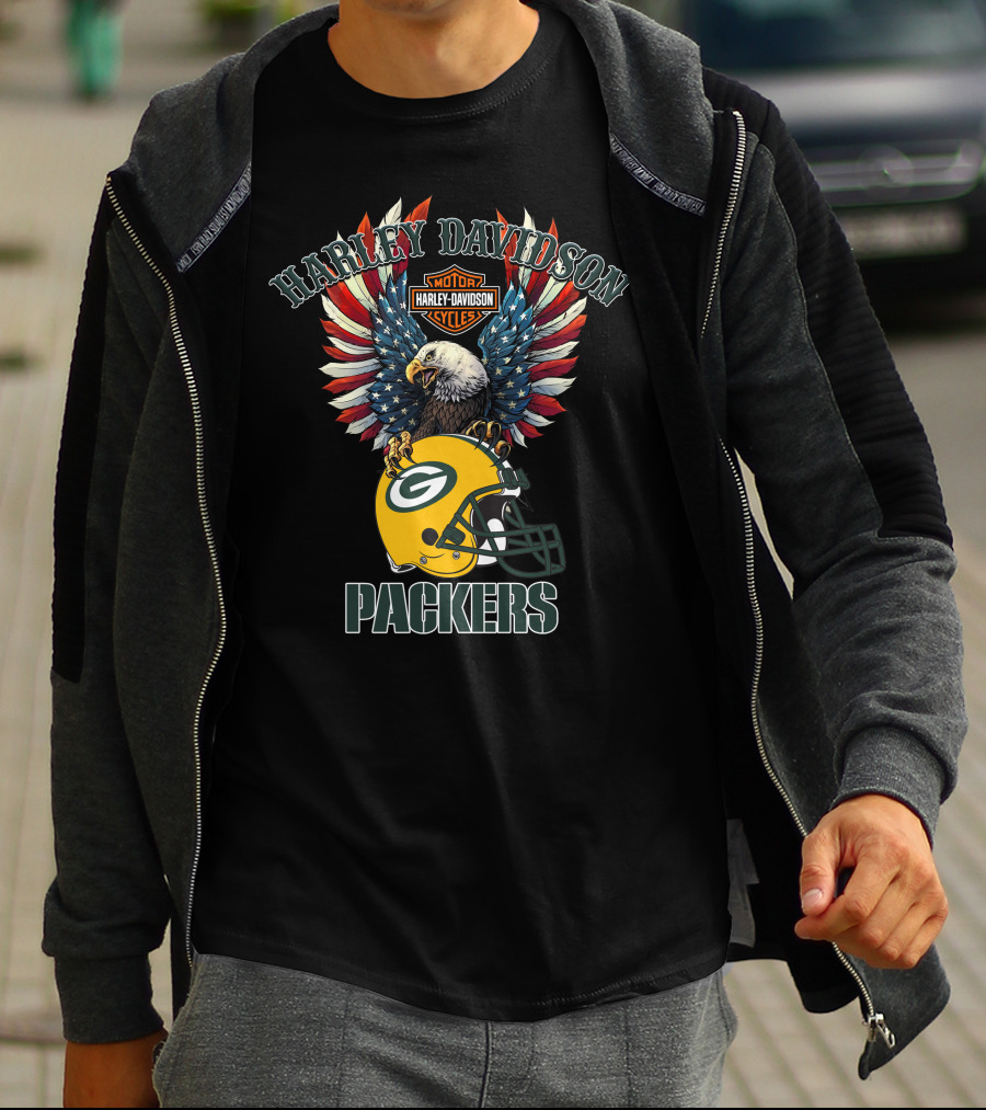 Harley Davidson Motor Cycles Packers Eagle Helmet Flag T-Shirt