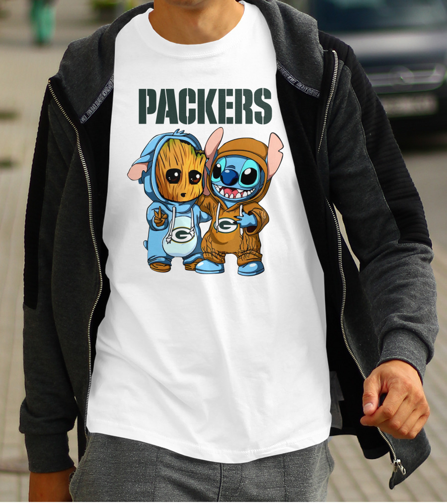 Packers Groot And Stitch Hug Wearing Green Bay Packers Hoodies T-Shirt