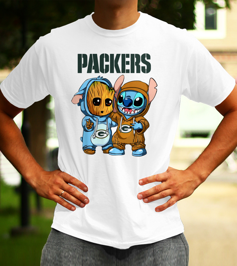Packers Groot And Stitch Hug Wearing Green Bay Packers Hoodies T-Shirt