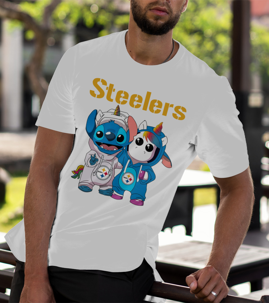 Steelers Stitch And Unicorn Duo With Rainbow Horns T-Shirt