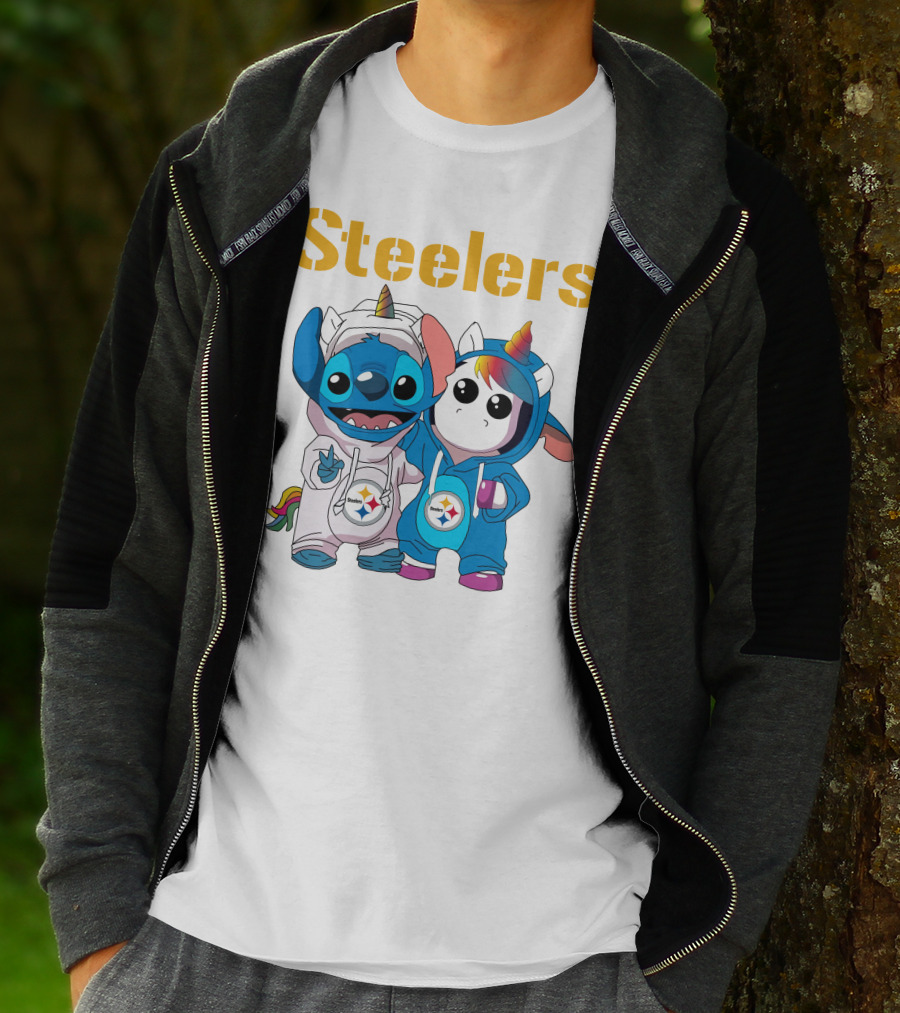 Steelers Stitch And Unicorn Duo With Rainbow Horns T-Shirt