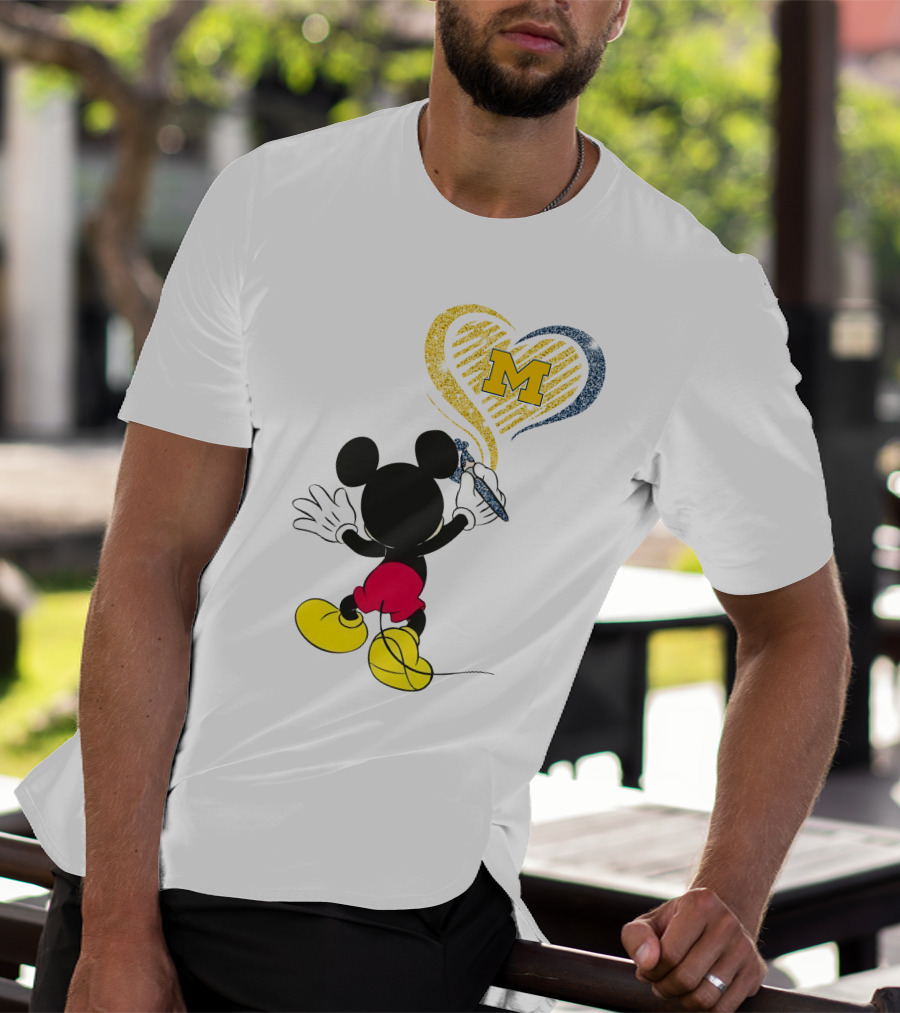 Michigan Wolverines M In Yellow And Blue Heart With Disney Mickey Character T-Shirt