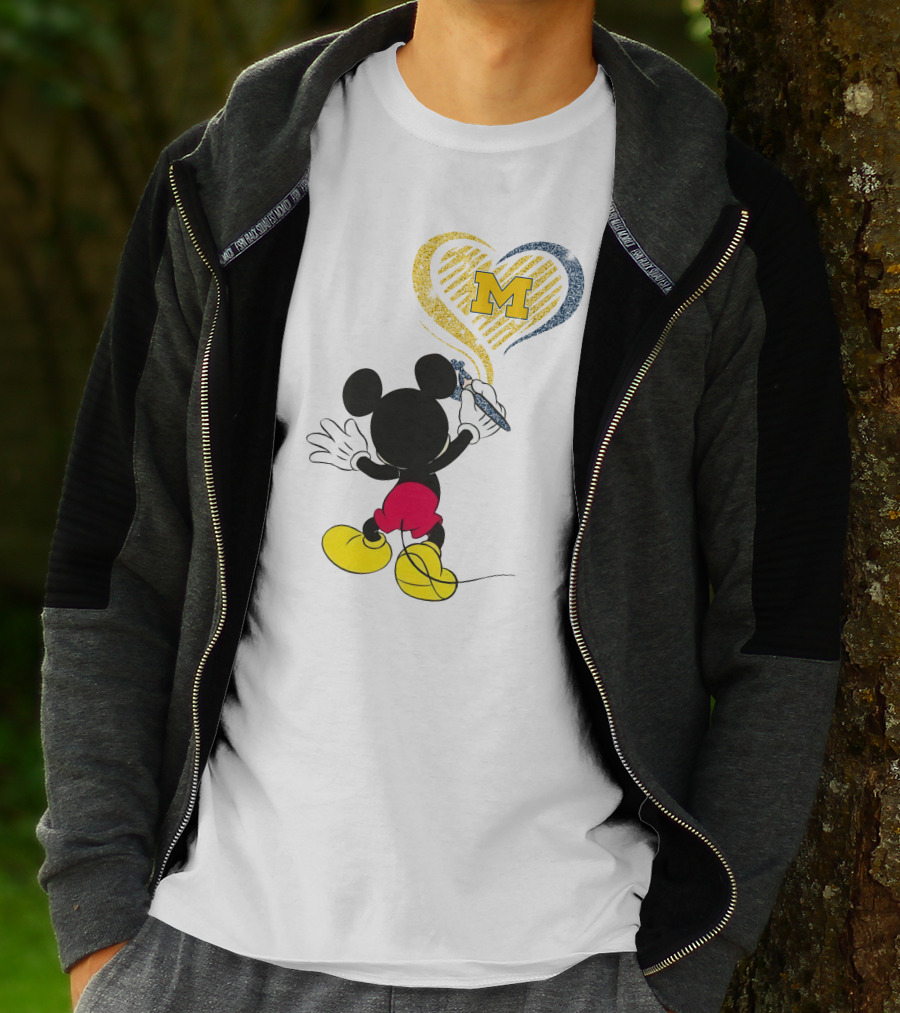Michigan Wolverines M In Yellow And Blue Heart With Disney Mickey Character T-Shirt