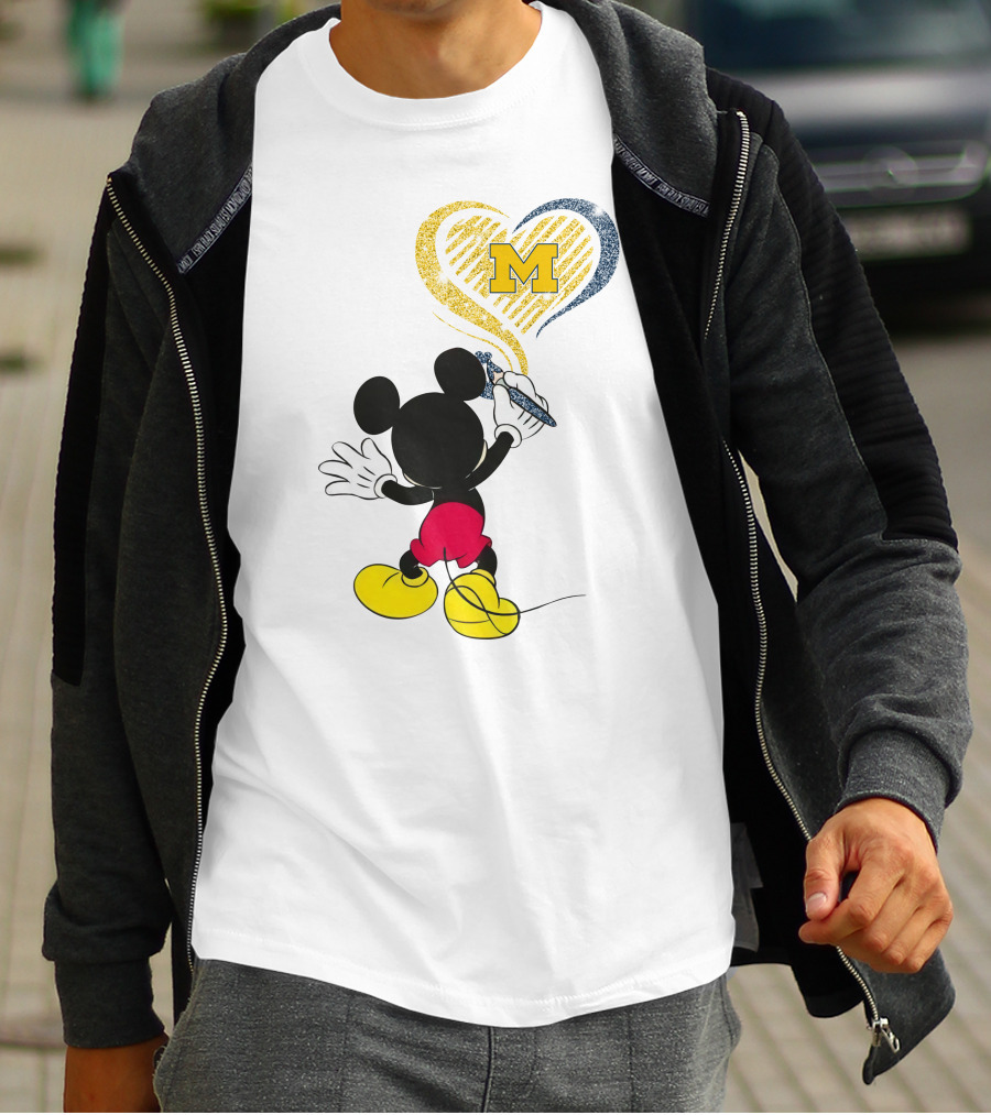 Michigan Wolverines M In Yellow And Blue Heart With Disney Mickey Character T-Shirt