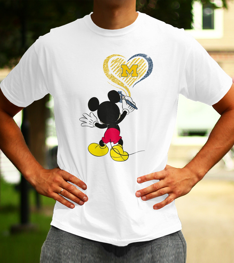 Michigan Wolverines M In Yellow And Blue Heart With Disney Mickey Character T-Shirt