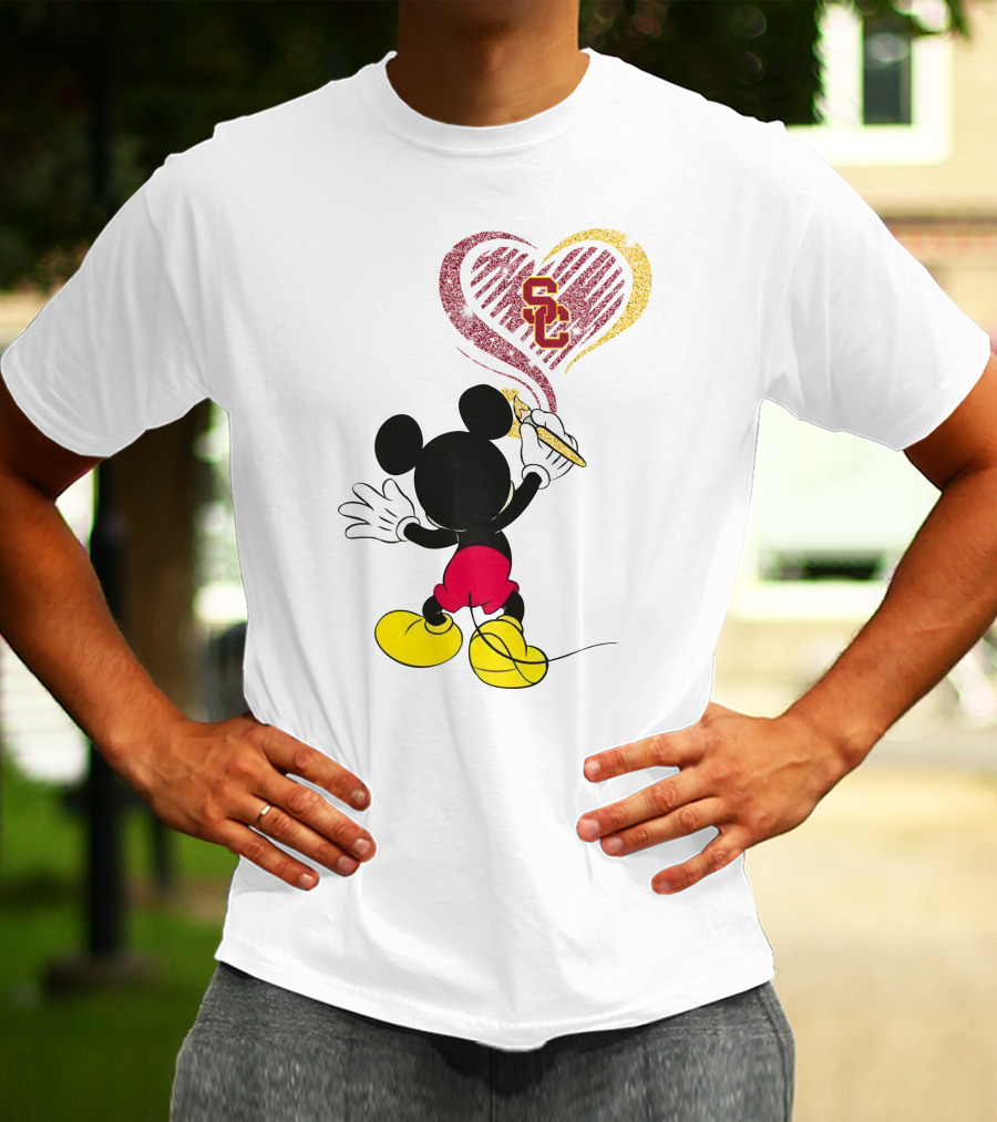 Mickey Mouse Drawing Heart With Usc Trojans T-Shirt