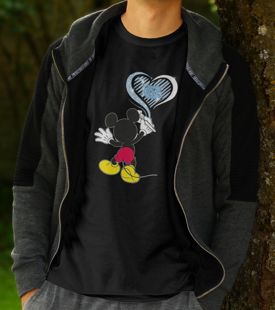 Mickey Mouse Drawing North Carolina Tar Heels In Heart Shape T-Shirt