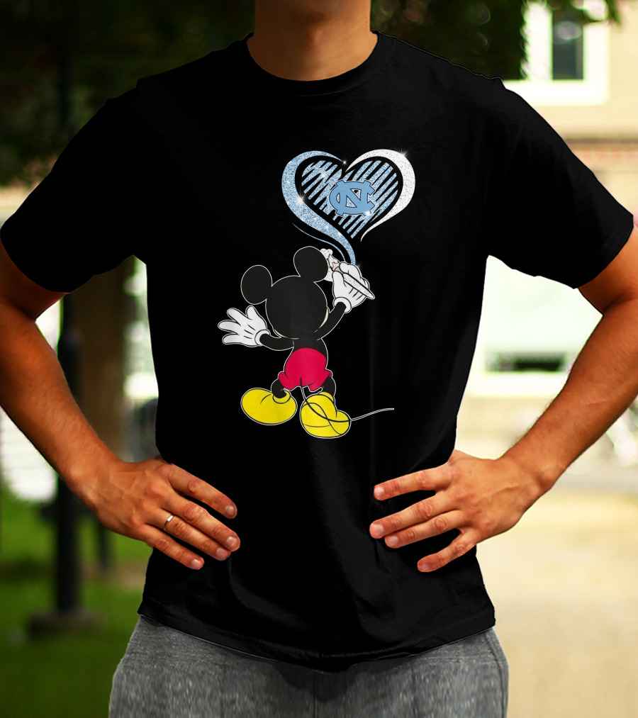 Mickey Mouse Drawing North Carolina Tar Heels In Heart Shape T-Shirt