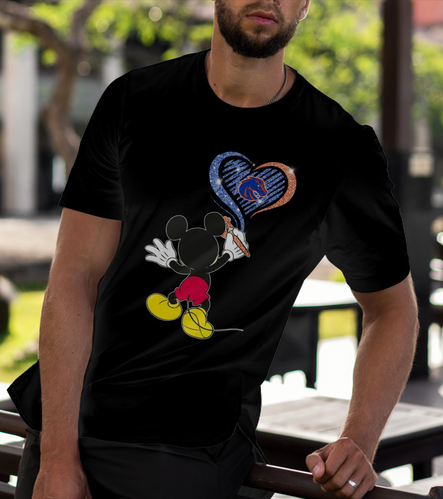 Mickey Painting Blue And Orange Heart Boise State Broncos T-Shirt