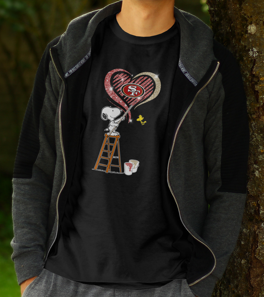 Snoopy Painting San Francisco 49ers Heart With Woodstock T-Shirt