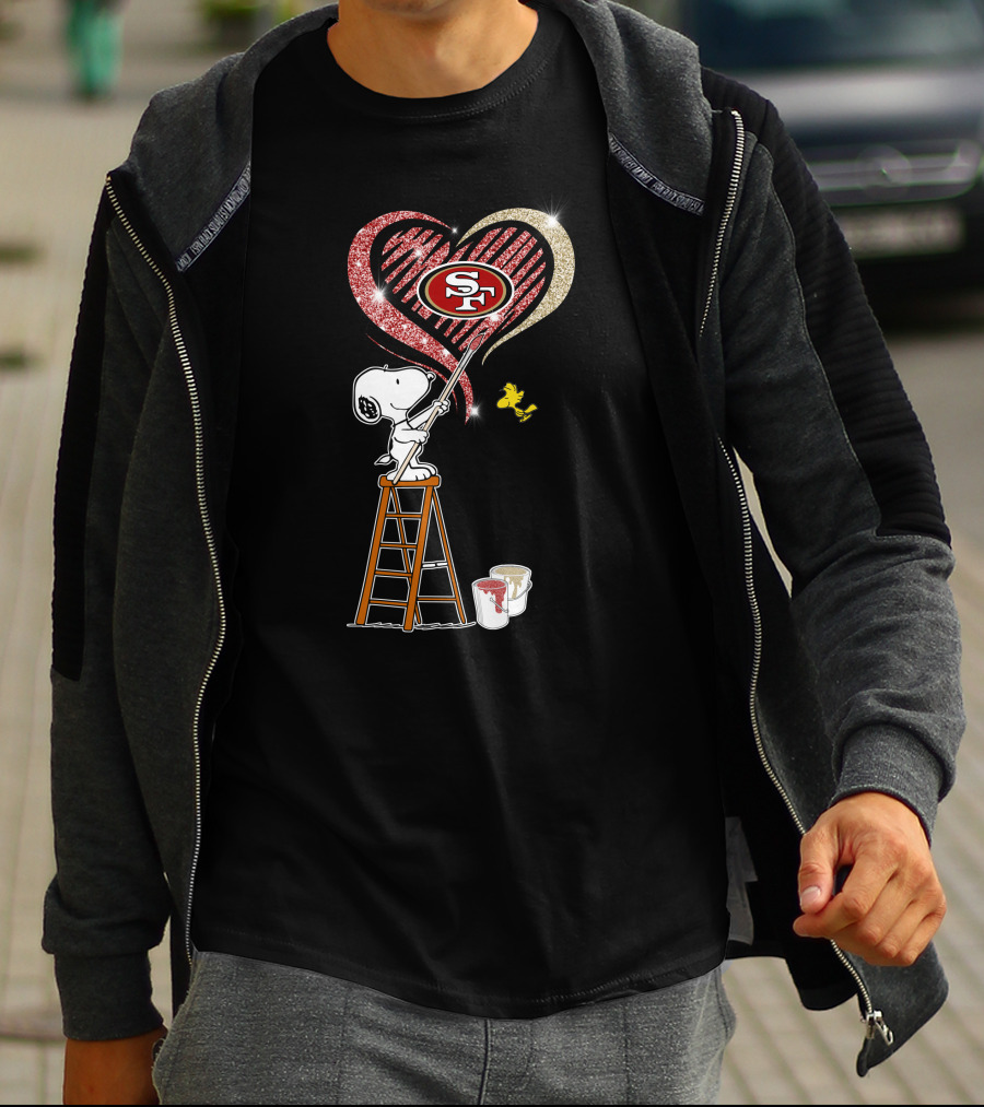 Snoopy Painting San Francisco 49ers Heart With Woodstock T-Shirt