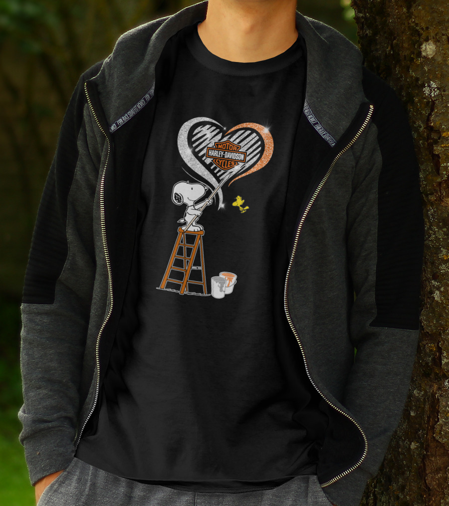 Snoopy Painting Harley Davidson Motorcycles Heart With Woodstock T-Shirt