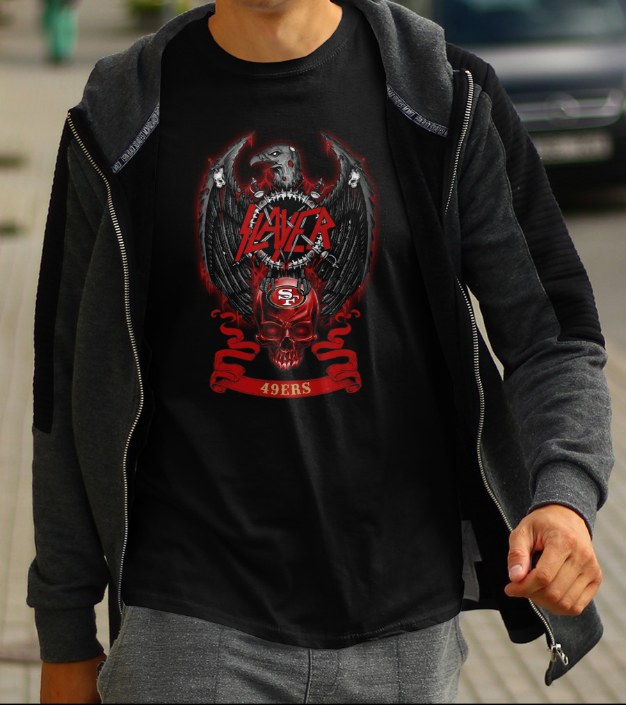 Slayer Sf 49ers Skull Nfl 28 Ravens Wings Crest T-Shirt