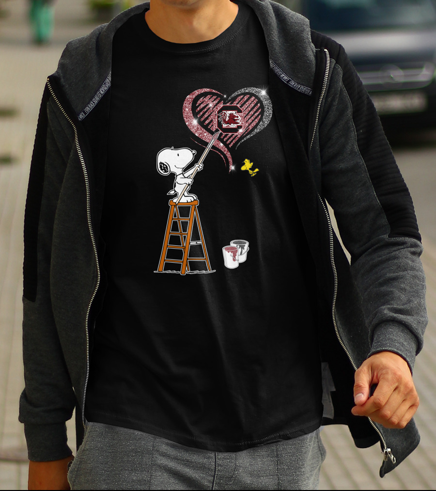 Snoopy Painting Heart South Carolina Gamecocks Logo Sparkle T-Shirt