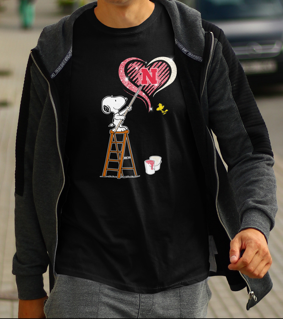 Snoopy Nebraska Huskers Heart Painting Woodstock Collaboration T-Shirt