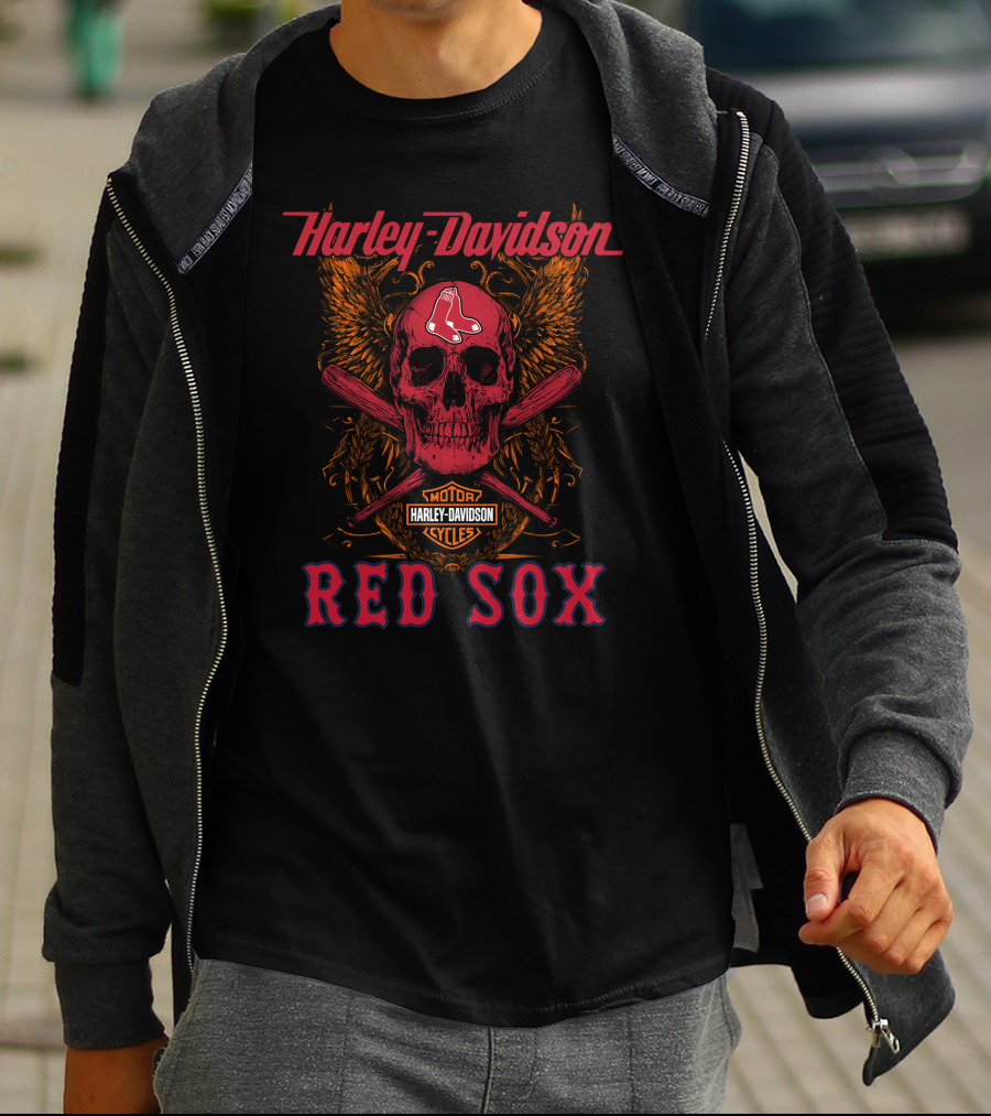 Harley Davidson Red Sox Skull Wings Motor Cycles T-Shirt
