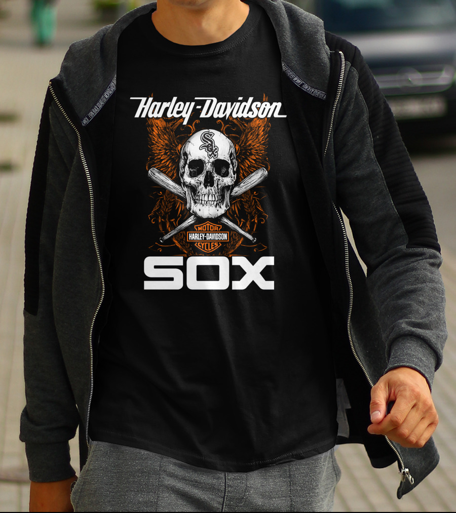 Harley Davidson Motor Cycles Chicago White Sox Skull And Crossed Bats T-Shirt