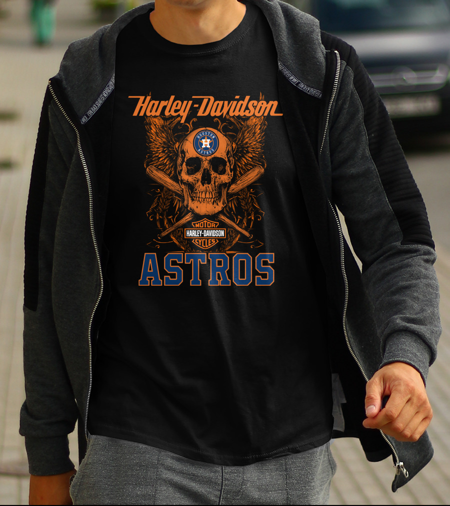 Harley Davidson Houston Astros Motor Cycles Skull Wings Crossed Bats T-Shirt