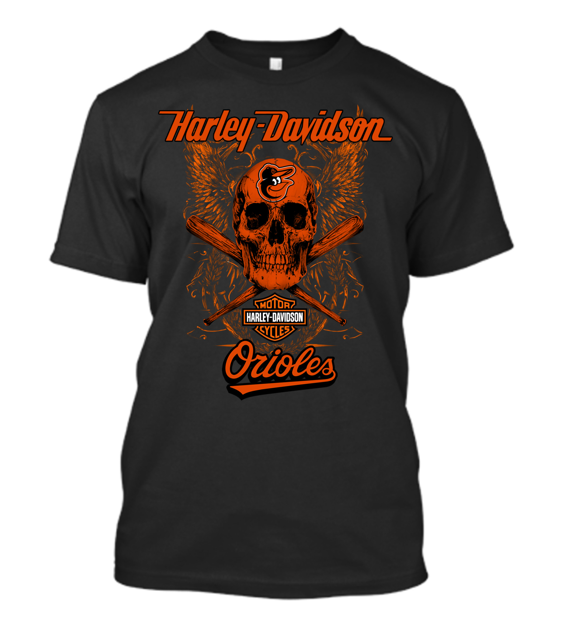 Harley Davidson Baltimore Orioles Skull Wings Motor Cycles T-Shirt
