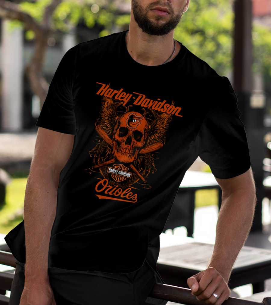 Harley Davidson Baltimore Orioles Skull Wings Motor Cycles T-Shirt