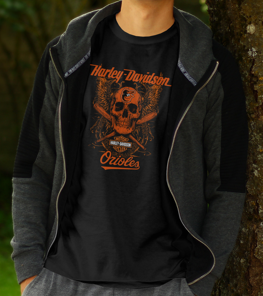 Harley Davidson Baltimore Orioles Skull Wings Motor Cycles T-Shirt