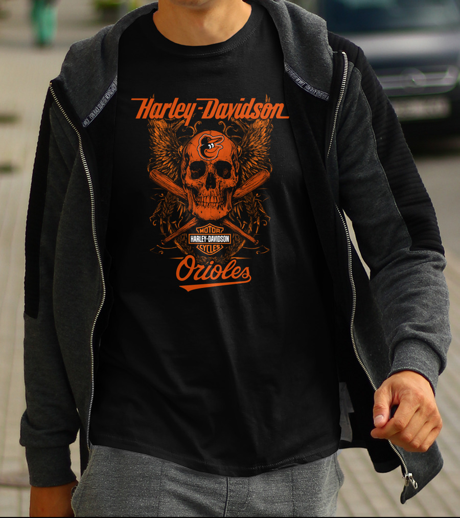 Harley Davidson Baltimore Orioles Skull Wings Motor Cycles T-Shirt