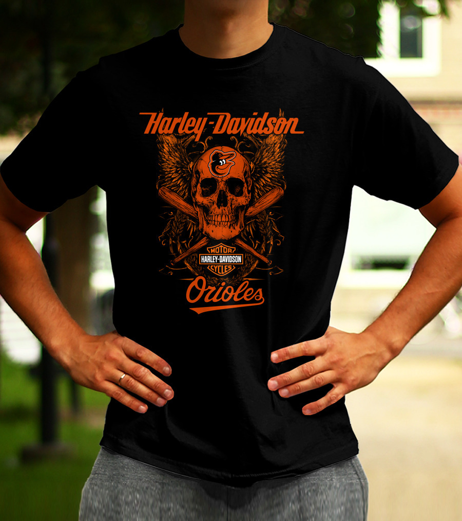 Harley Davidson Baltimore Orioles Skull Wings Motor Cycles T-Shirt