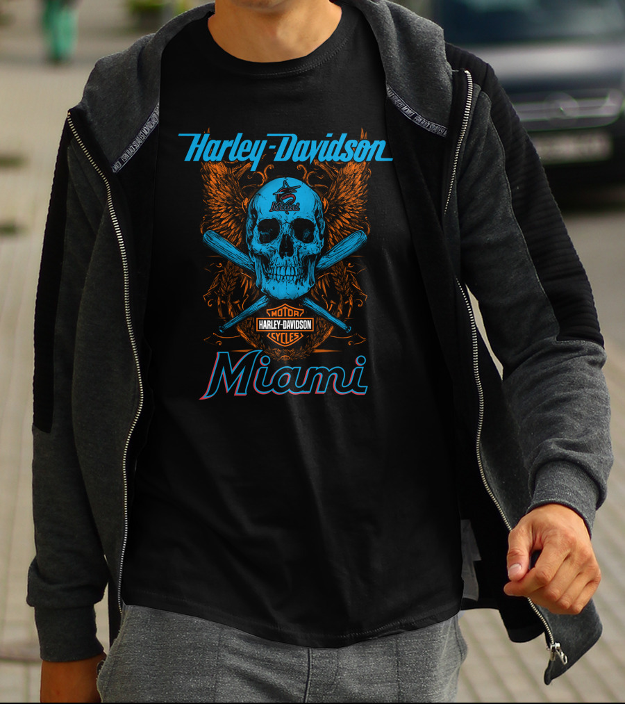 Harley Davidson Miami Skull With Bats And Marlins T-Shirt