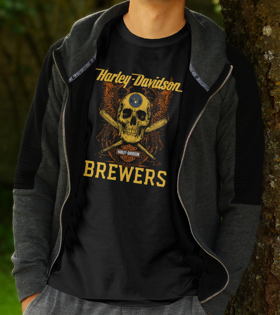 Harley Davidson Skull And Crossed Bats Milwaukee Brewers Motor Cycles T-Shirt