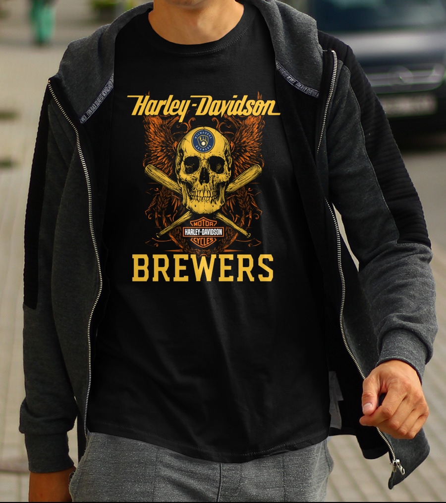 Harley Davidson Skull And Crossed Bats Milwaukee Brewers Motor Cycles T-Shirt