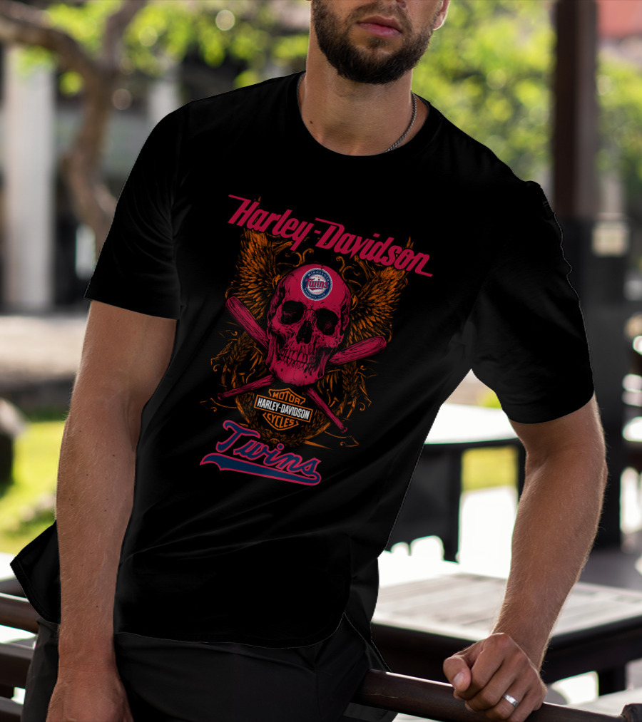 Harley Davidson Twins Skull With Minnesota Logo And Bats T-Shirt