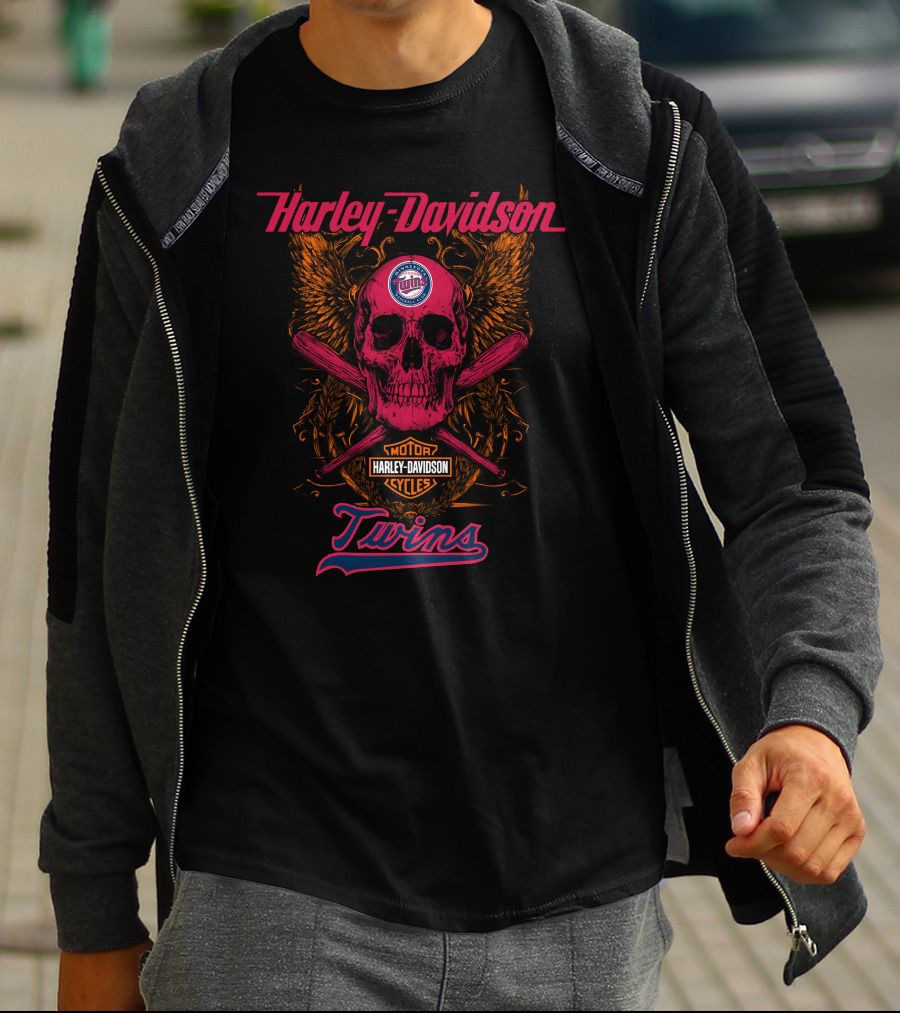 Harley Davidson Twins Skull With Minnesota Logo And Bats T-Shirt