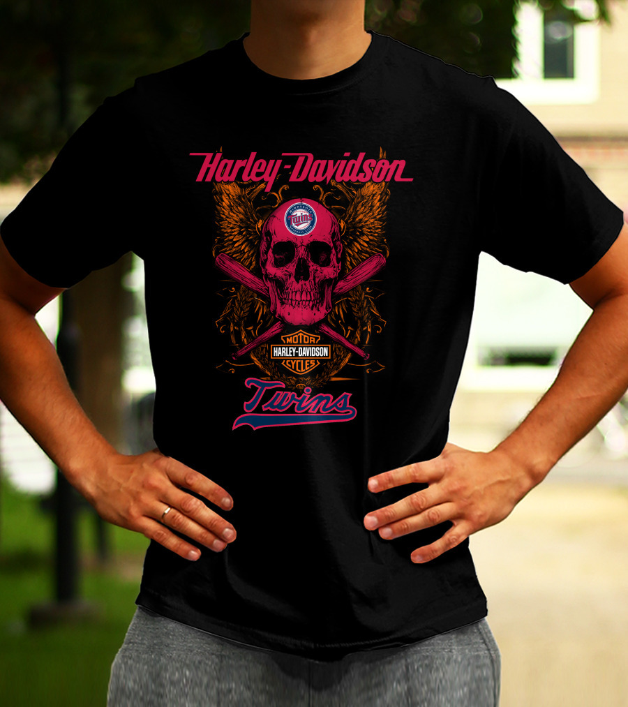 Harley Davidson Twins Skull With Minnesota Logo And Bats T-Shirt