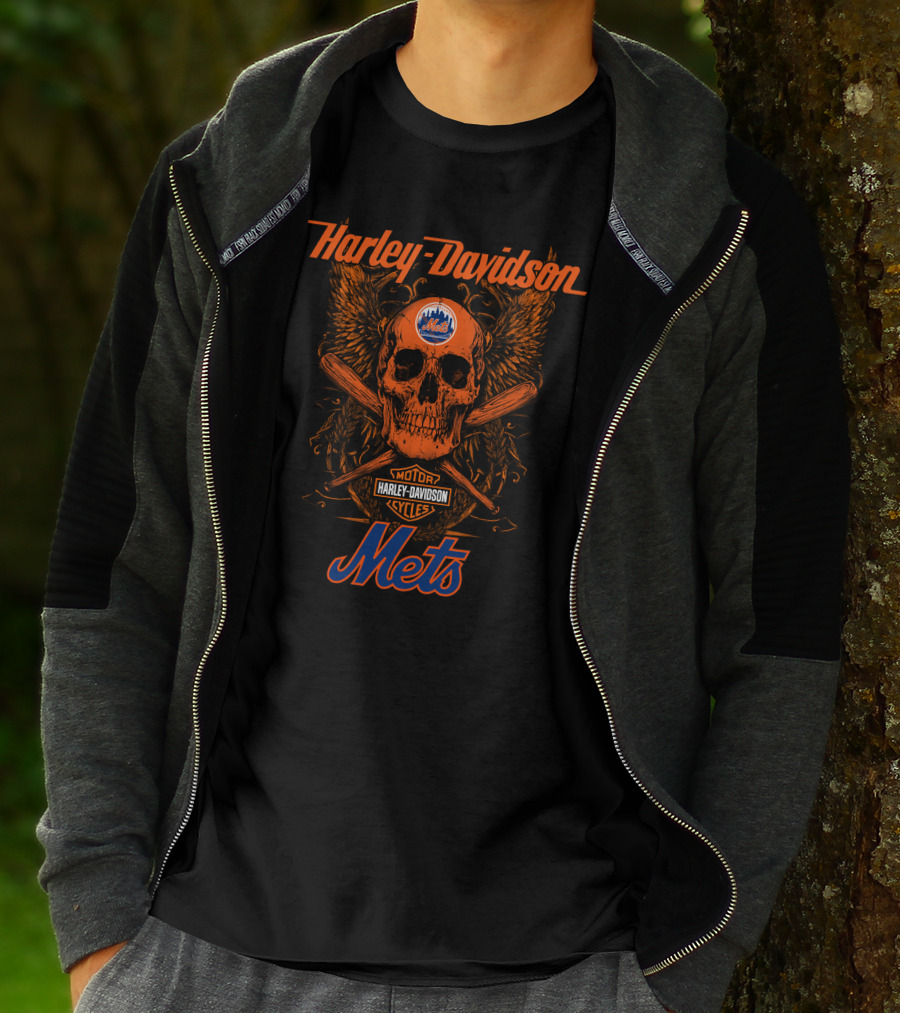 Harley Davidson New York Mets Motor Cycles Skull Wings Crossed Bats 18 T-Shirt