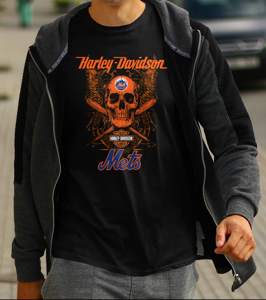 Harley Davidson New York Mets Motor Cycles Skull Wings Crossed Bats 18 T-Shirt